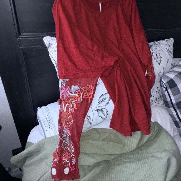 Free People Red Embroidered Long Sleeve Tee (Gardener Tee) - Picture 7 of 7